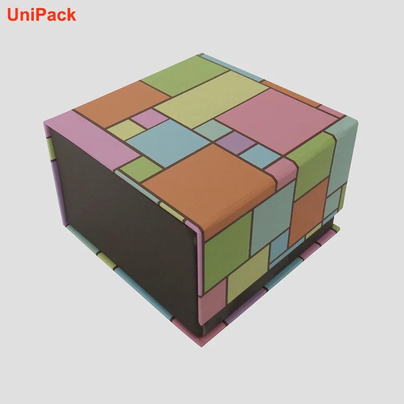 Foldable gift packaging box shown flat and assembled