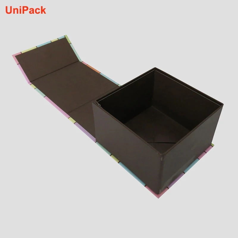 Foldable gift packaging box shown flat and assembled, view 2