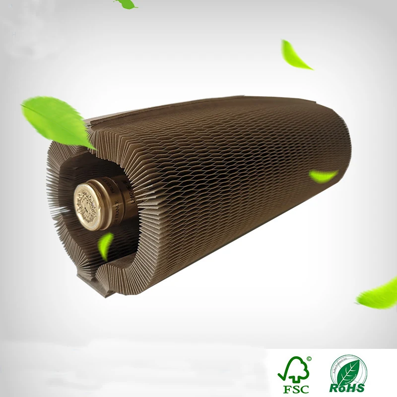 Brown kraft honeycomb paper packaging protecting a wine bottle