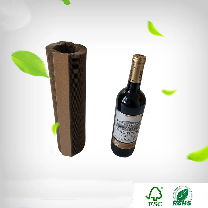 Brown kraft honeycomb paper packaging protecting a wine bottle, view 3