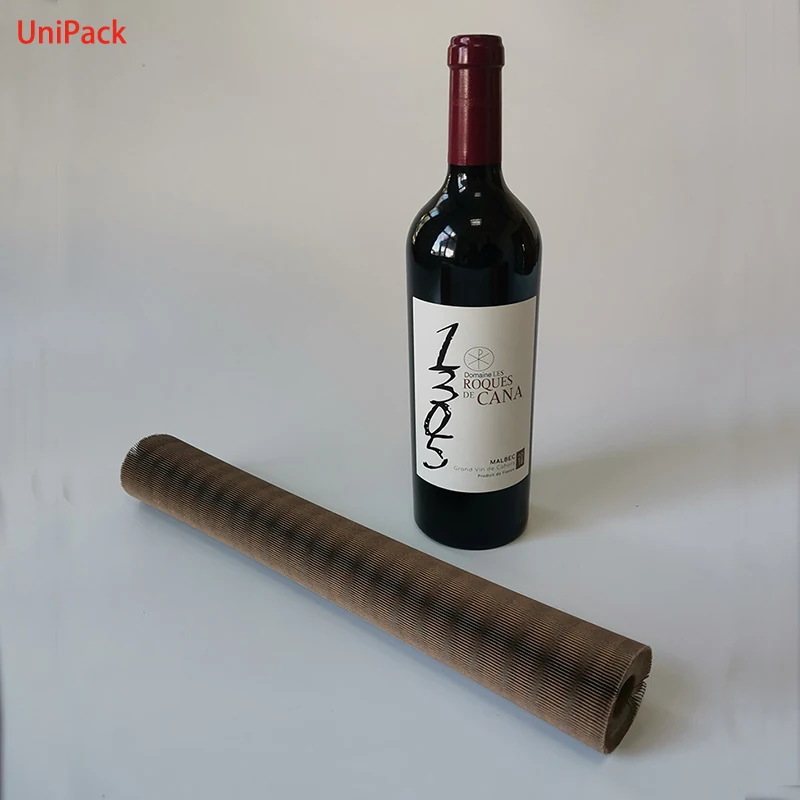 Honeycomb brown kraft paper wrap formed around a wine bottle, view 2