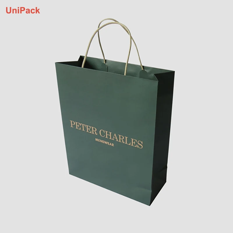 White kraft paper bag printed with a custom logo and twisted handles