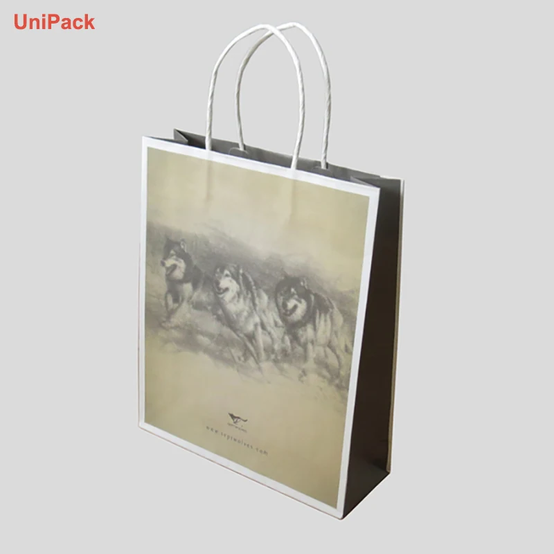 White kraft paper bag with twisted paper handles and printed logo