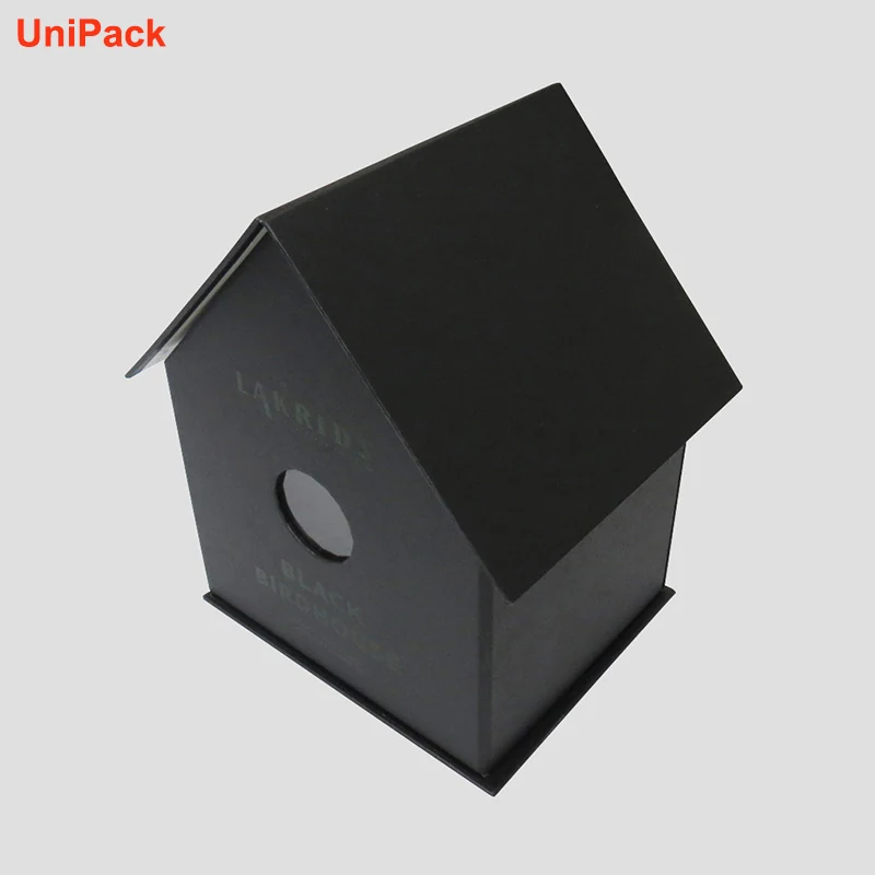 Black art card paper gift box shaped like a bird cage with varnish finish