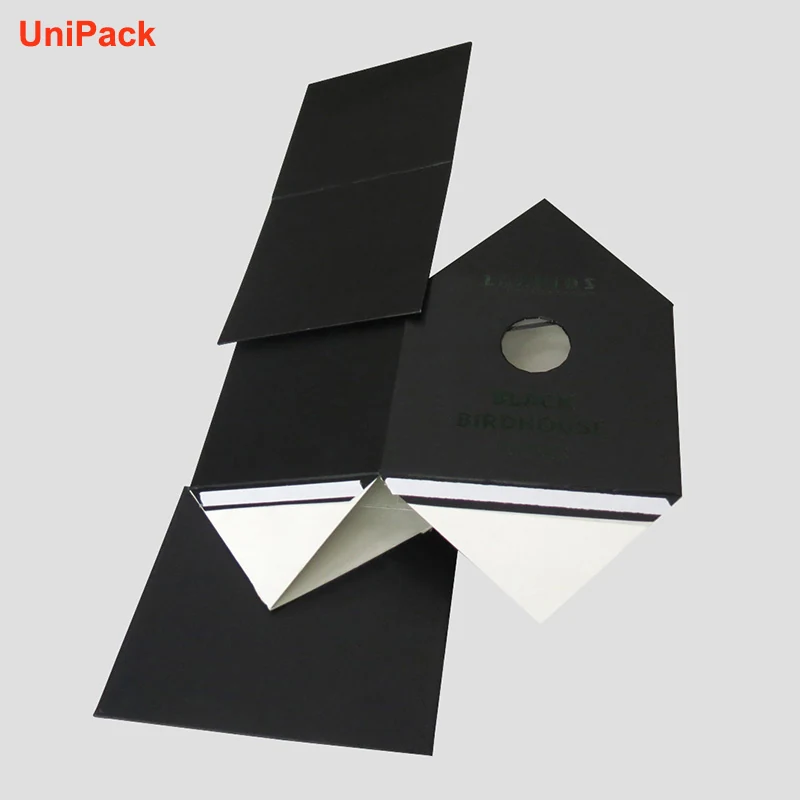 Black art card paper gift box shaped like a bird cage with varnish finish, view 2
