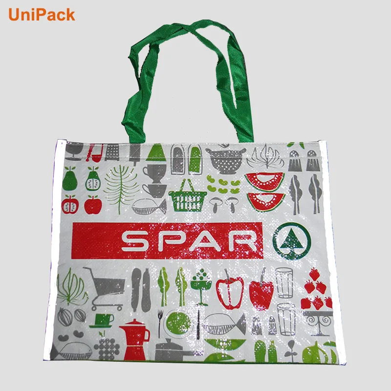 Laminated PP woven reusable bag printed with a customer logo