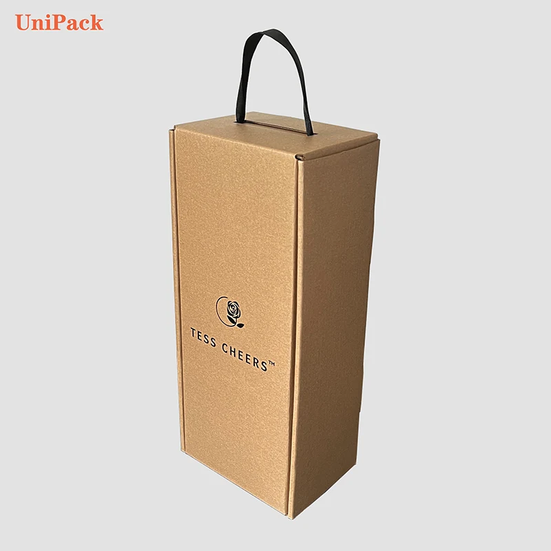Corrugated single bottle wine box with black foil logo and EVA foam insert