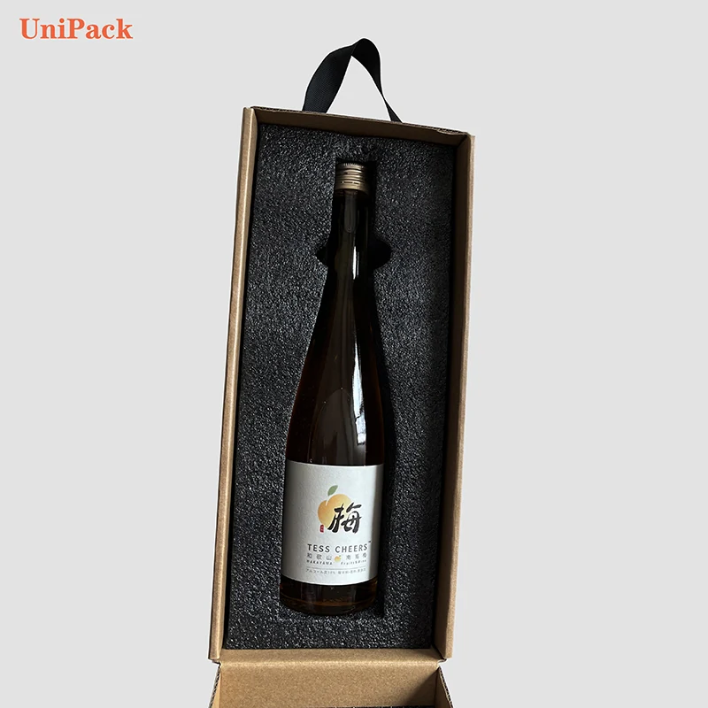 Corrugated single bottle wine box with black foil logo and EVA foam insert, view 2