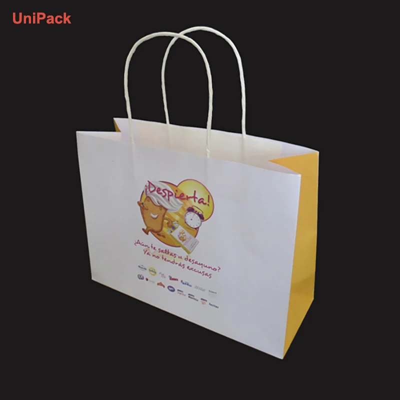 White kraft paper bag with paper handles and custom colour printing