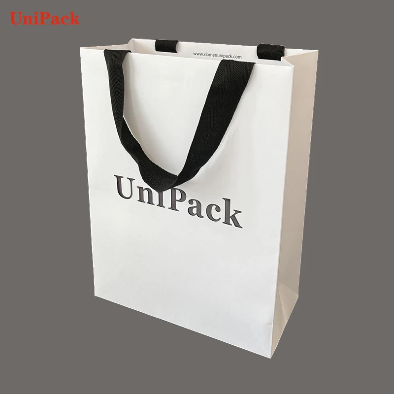 White kraft euro shopping bag with black foil stamped brand logo