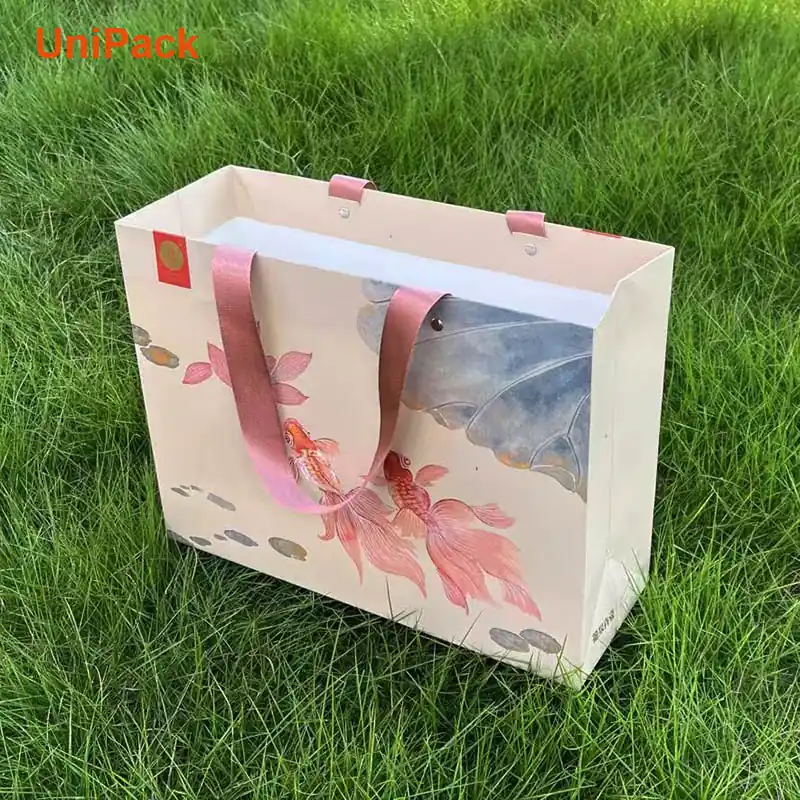 White art card paper shopping bag 33x12x25cm with custom printing