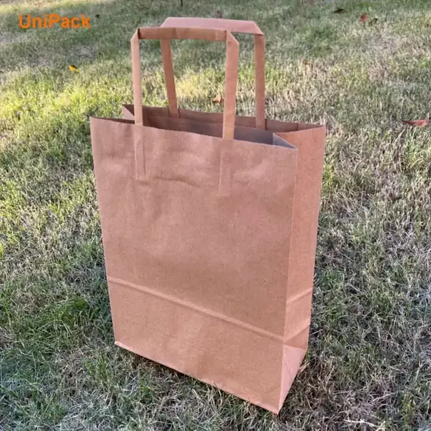 Brown kraft take away food bag with flat paper handles