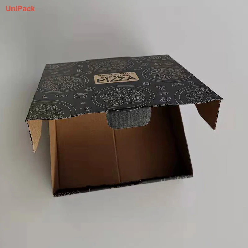 Brown kraft E-flute take away pizza box with printed logo, view 2