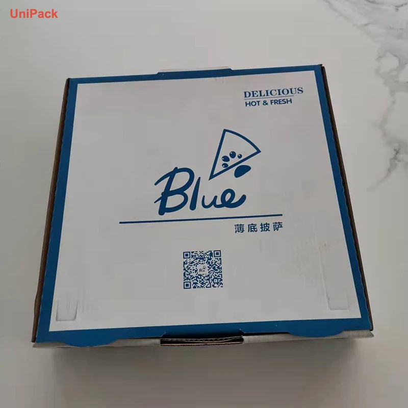 White kraft E-flute pizza box with colour printed restaurant branding