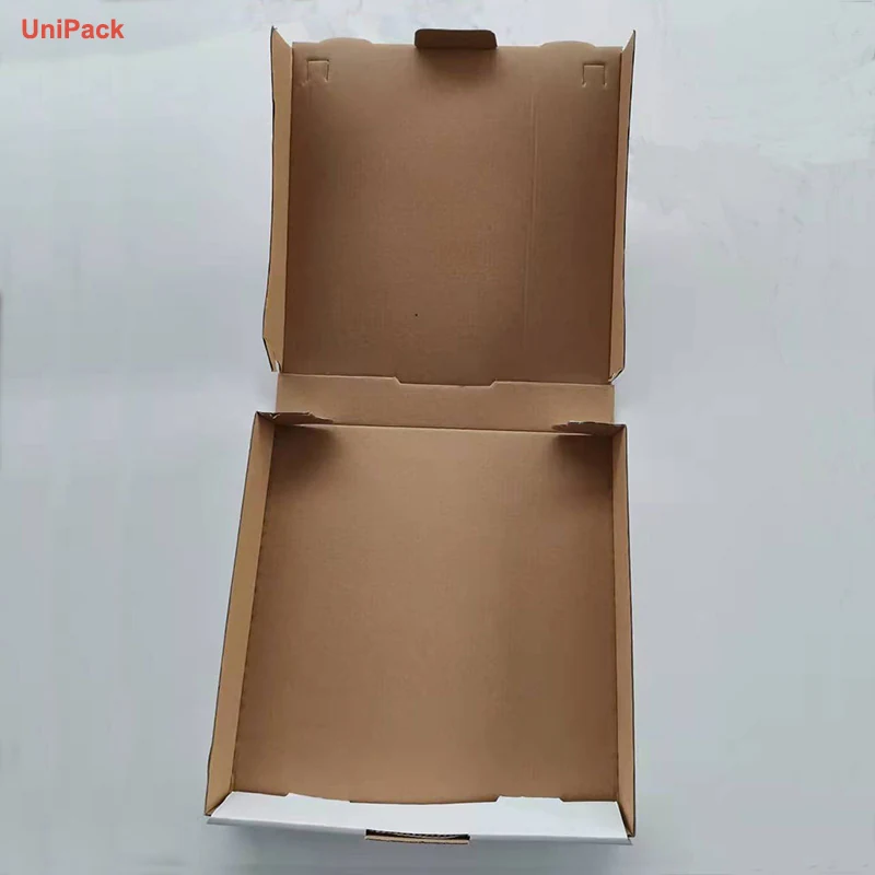 White kraft E-flute pizza box with colour printed restaurant branding, view 2