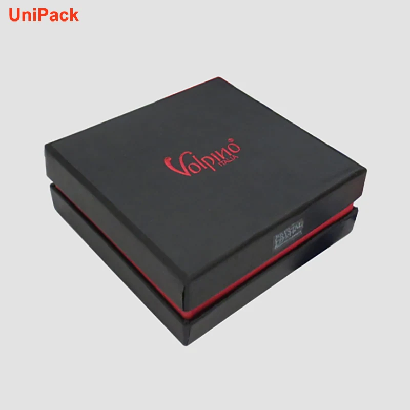 Two part black art card gift box with red hot foil stamped detail
