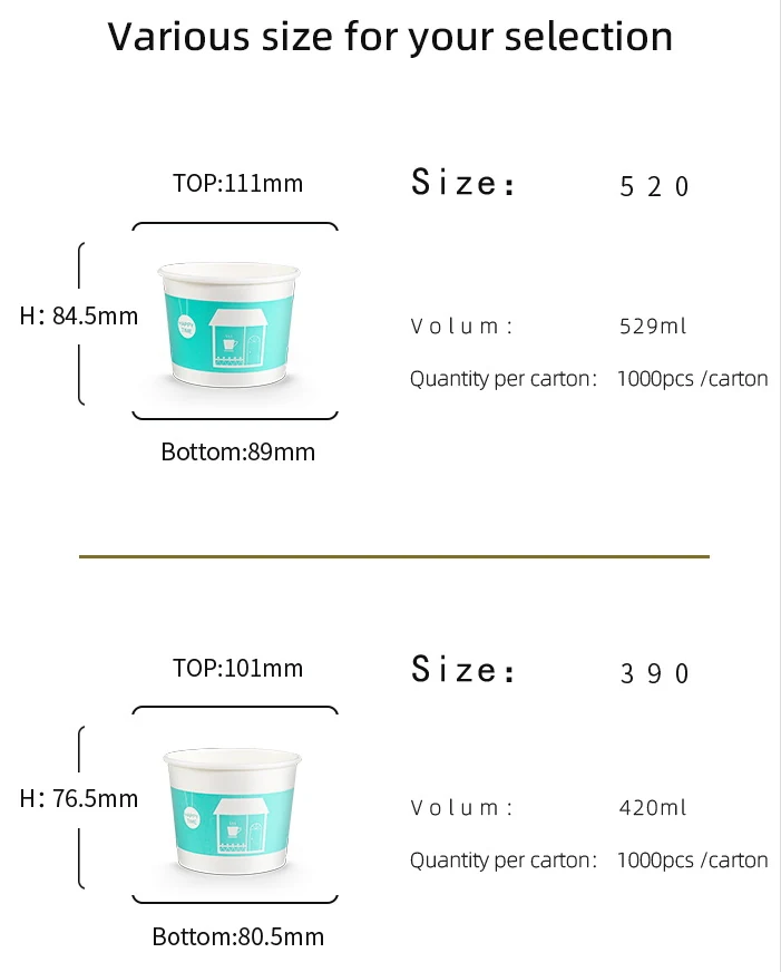 White paper food bowls in 390ml and 520ml with matching lids