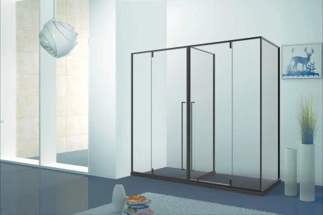 Xinxin 80E62 matte black aluminium frame wide corner enclosure shown installed in a bathroom