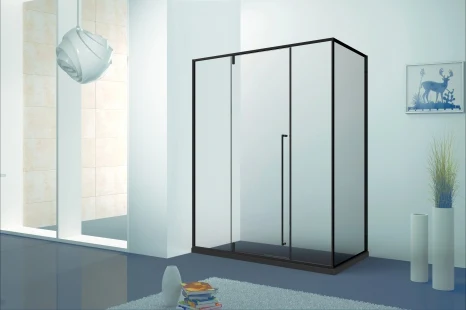 Xinxin 80F41 matte black aluminium frame corner enclosure shown installed in a bathroom