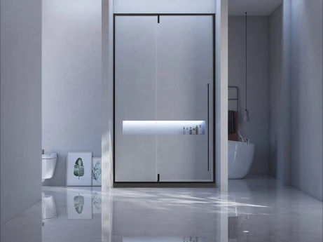 Xinxin 80P11 matte black aluminium frame in-line sliding door shown installed in a bathroom