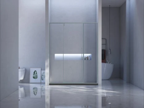 Xinxin 80P31 polished chrome-finish frame in-line sliding door shown installed in a bathroom