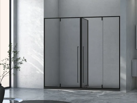 Xinxin 80T51 matte black aluminium frame push-pull corner enclosure shown installed in a bathroom
