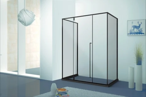 Xinxin 80U51 matte black aluminium frame hinged corner enclosure shown installed in a bathroom