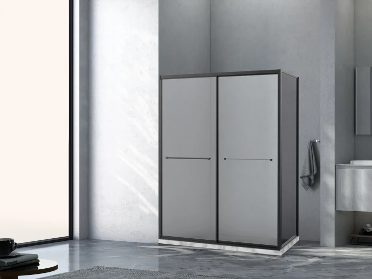 Xinxin 81F32 matte black aluminium frame corner enclosure shown installed in a bathroom