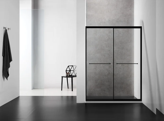 Xinxin 81P22 matte black aluminium frame in-line sliding door shown installed in a bathroom