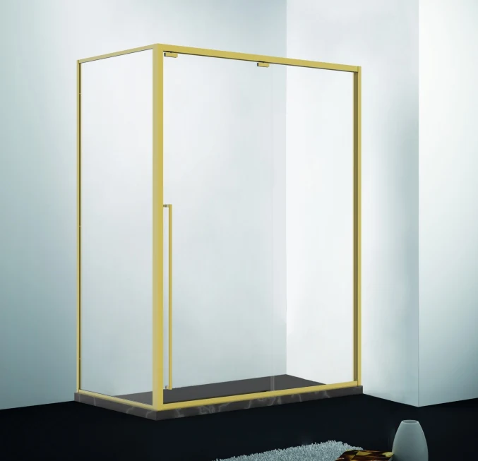 Xinxin 82F32 brushed gold frame corner enclosure shown installed in a bathroom