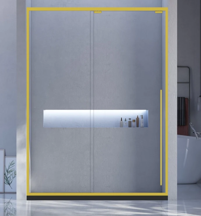 Xinxin 82P21 brushed gold frame in-line sliding door shown installed in a bathroom