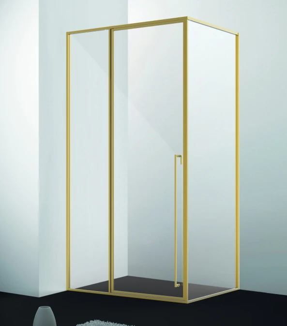 Xinxin 83F31 brushed gold frame corner enclosure shown installed in a bathroom