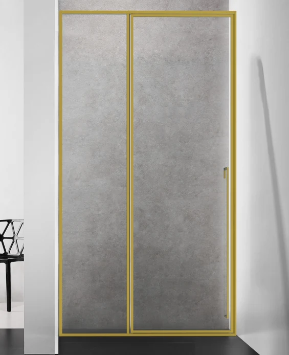 Xinxin 83P21 brushed gold frame in-line sliding door shown installed in a bathroom