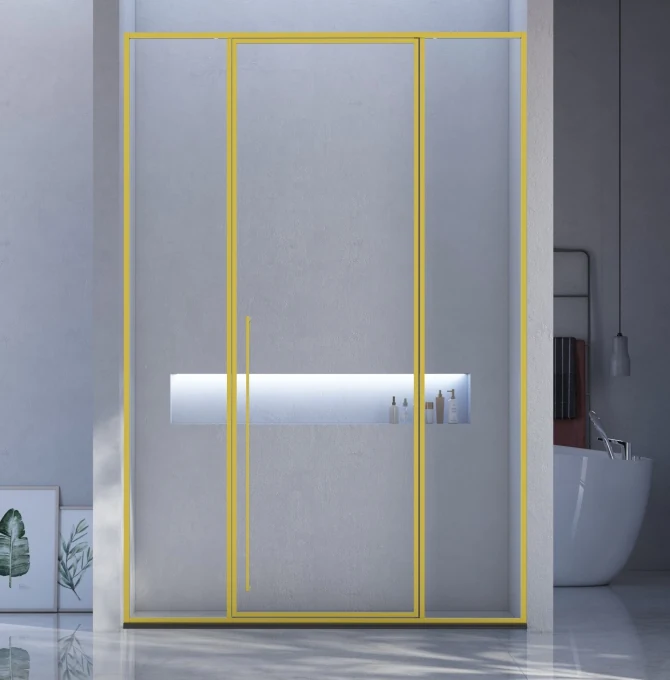 Xinxin 83P31 brushed gold frame in-line sliding door shown installed in a bathroom