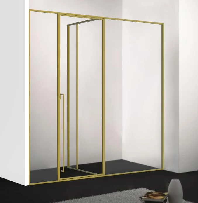 Xinxin 83T41 brushed gold frame push-pull corner enclosure shown installed in a bathroom