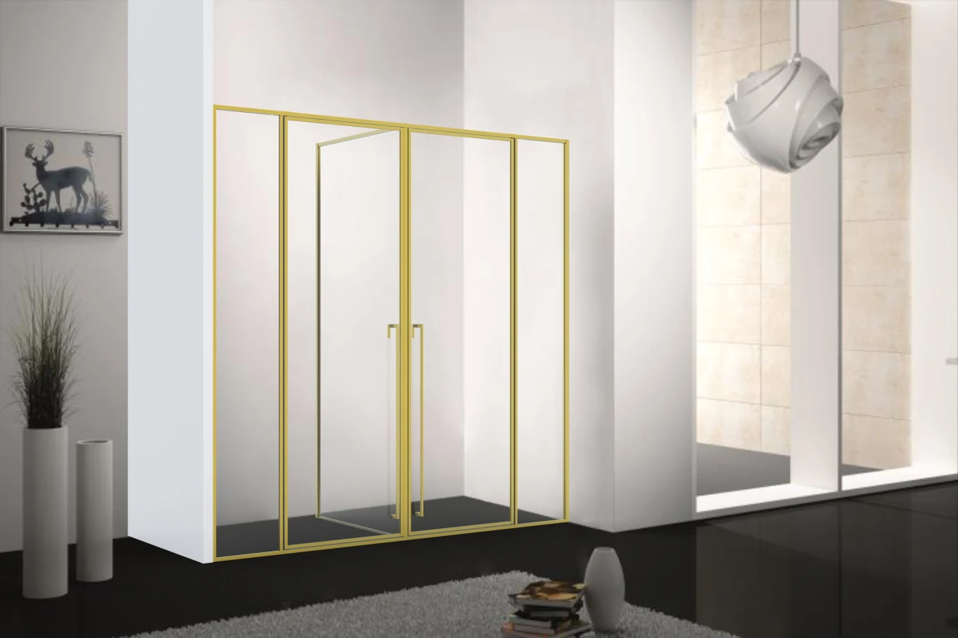 Xinxin 83T52 brushed gold frame push-pull corner enclosure shown installed in a bathroom