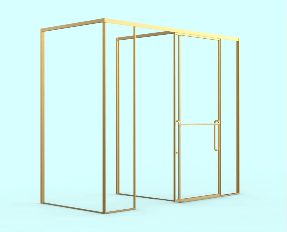 Xinxin 84F51 brushed gold frame corner enclosure shown installed in a bathroom