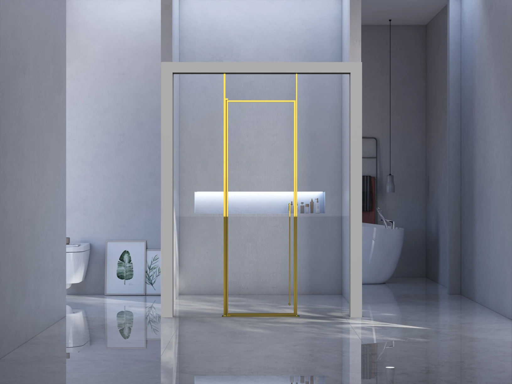 Xinxin 85P31 brushed gold frame in-line sliding door shown installed in a bathroom