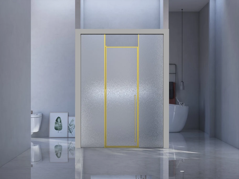 Xinxin 85P31 brushed gold frame in-line sliding door shown installed in a bathroom
