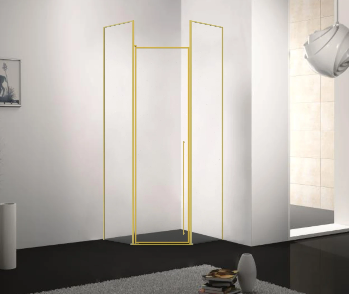 Xinxin 85Z31 brushed gold frame quadrant enclosure shown installed in a bathroom