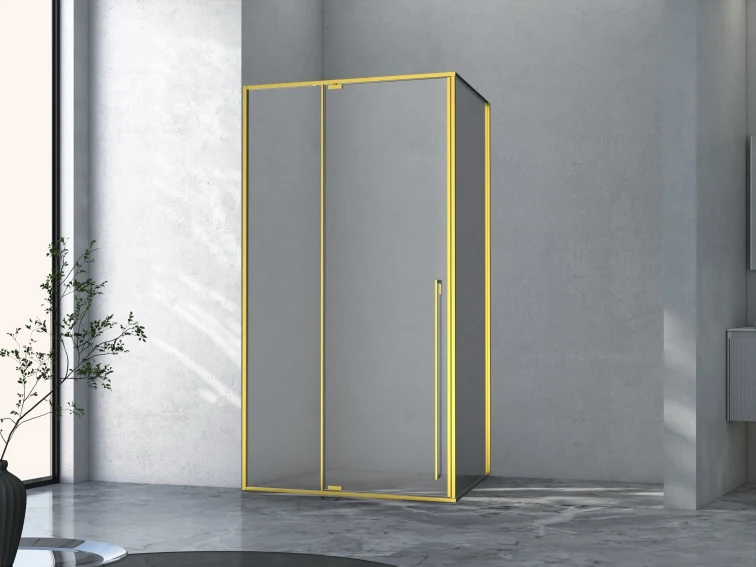 Xinxin 86F31 brushed gold frame corner enclosure shown installed in a bathroom