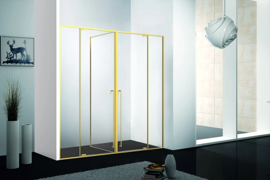 Xinxin 86T52 brushed gold frame push-pull corner enclosure shown installed in a bathroom