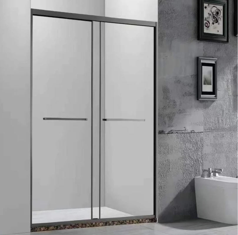 Xinxin 87P22 matte black aluminium frame in-line sliding door shown installed in a bathroom
