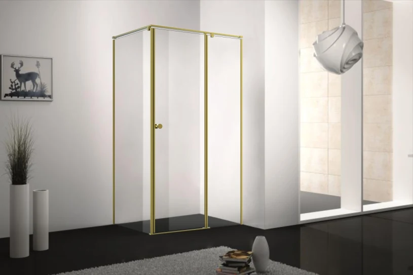 Xinxin 88F31 brushed gold frame corner enclosure shown installed in a bathroom