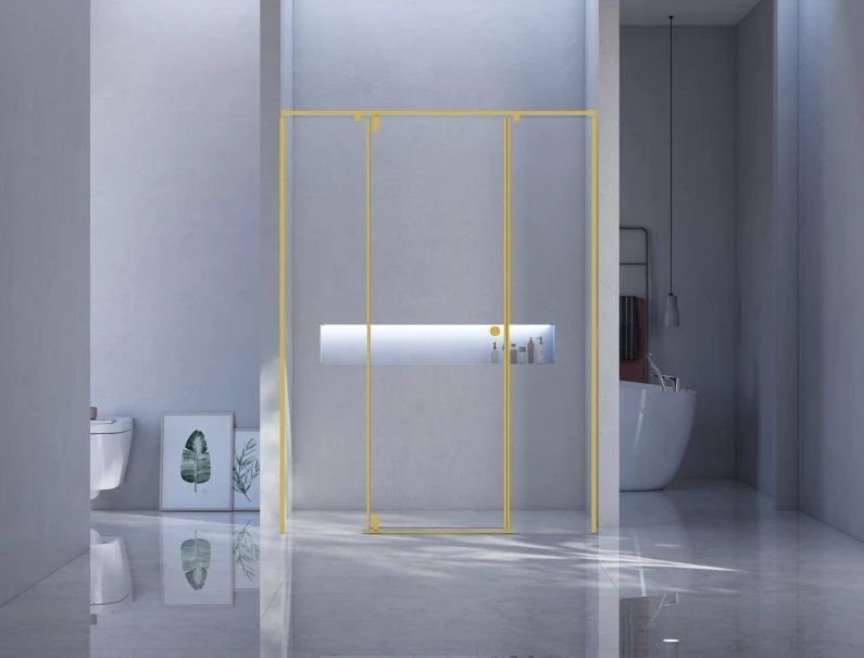 Xinxin 88P31 brushed gold frame in-line sliding door shown installed in a bathroom
