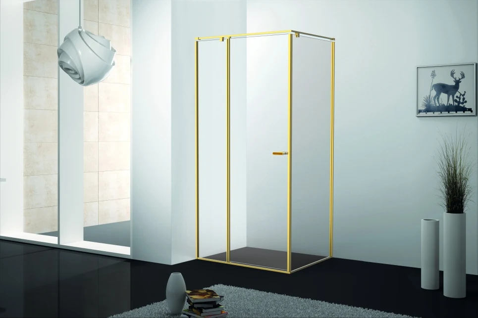 Xinxin 90F31 brushed gold frame corner enclosure shown installed in a bathroom