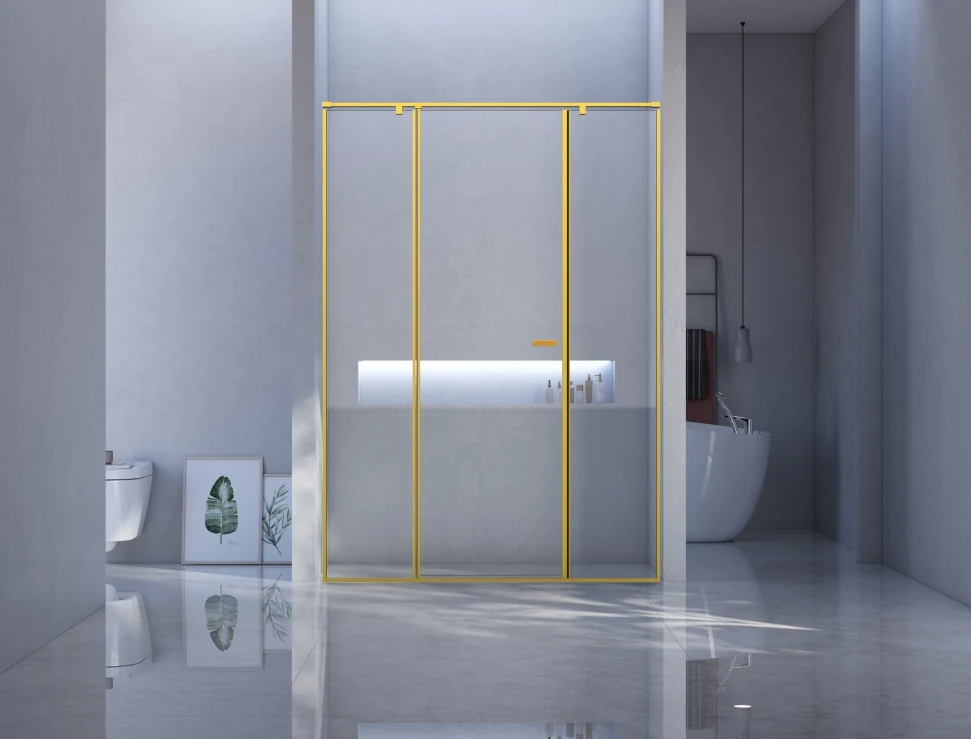Xinxin 90P31 brushed gold frame in-line sliding door shown installed in a bathroom