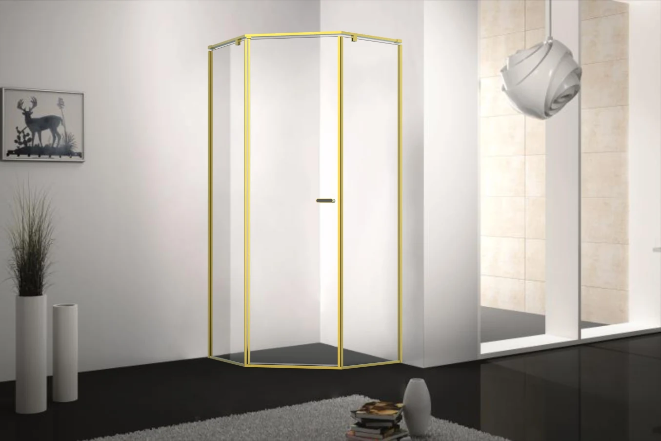Xinxin 90Z31 brushed gold frame quadrant enclosure shown installed in a bathroom