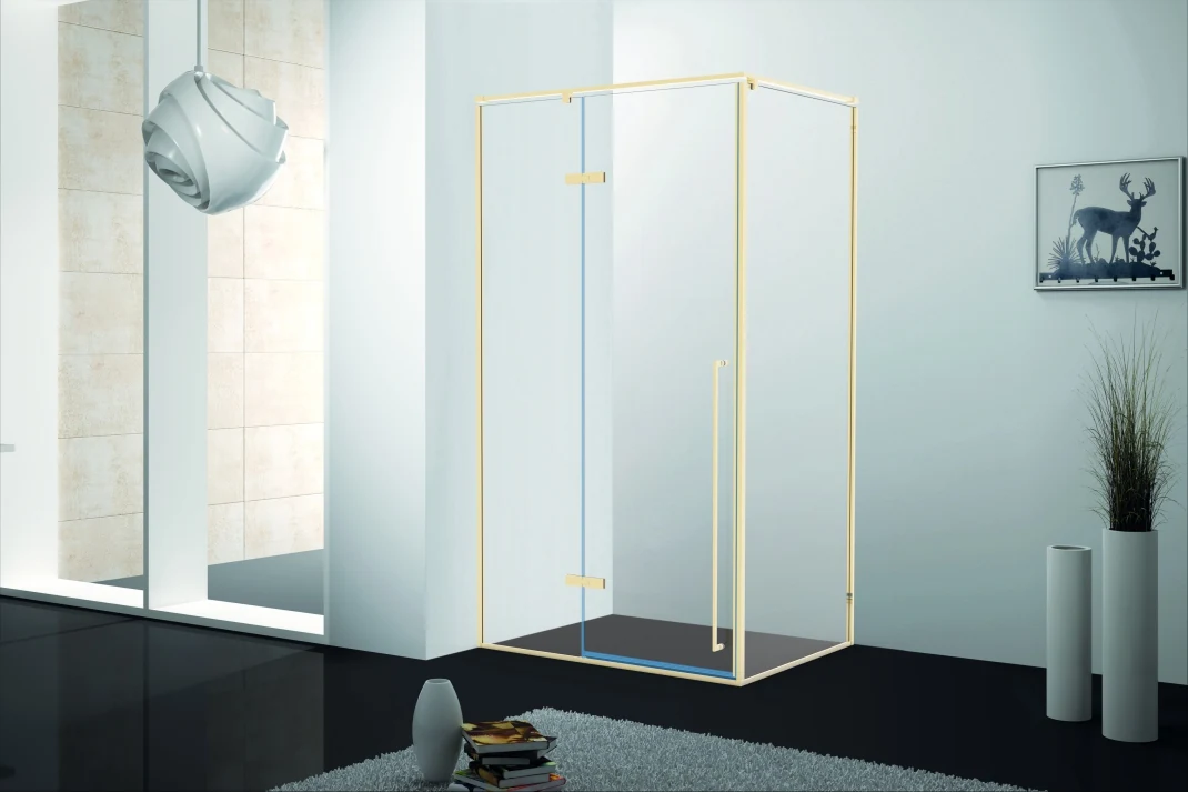 Xinxin 91F31 brushed gold frame corner enclosure shown installed in a bathroom