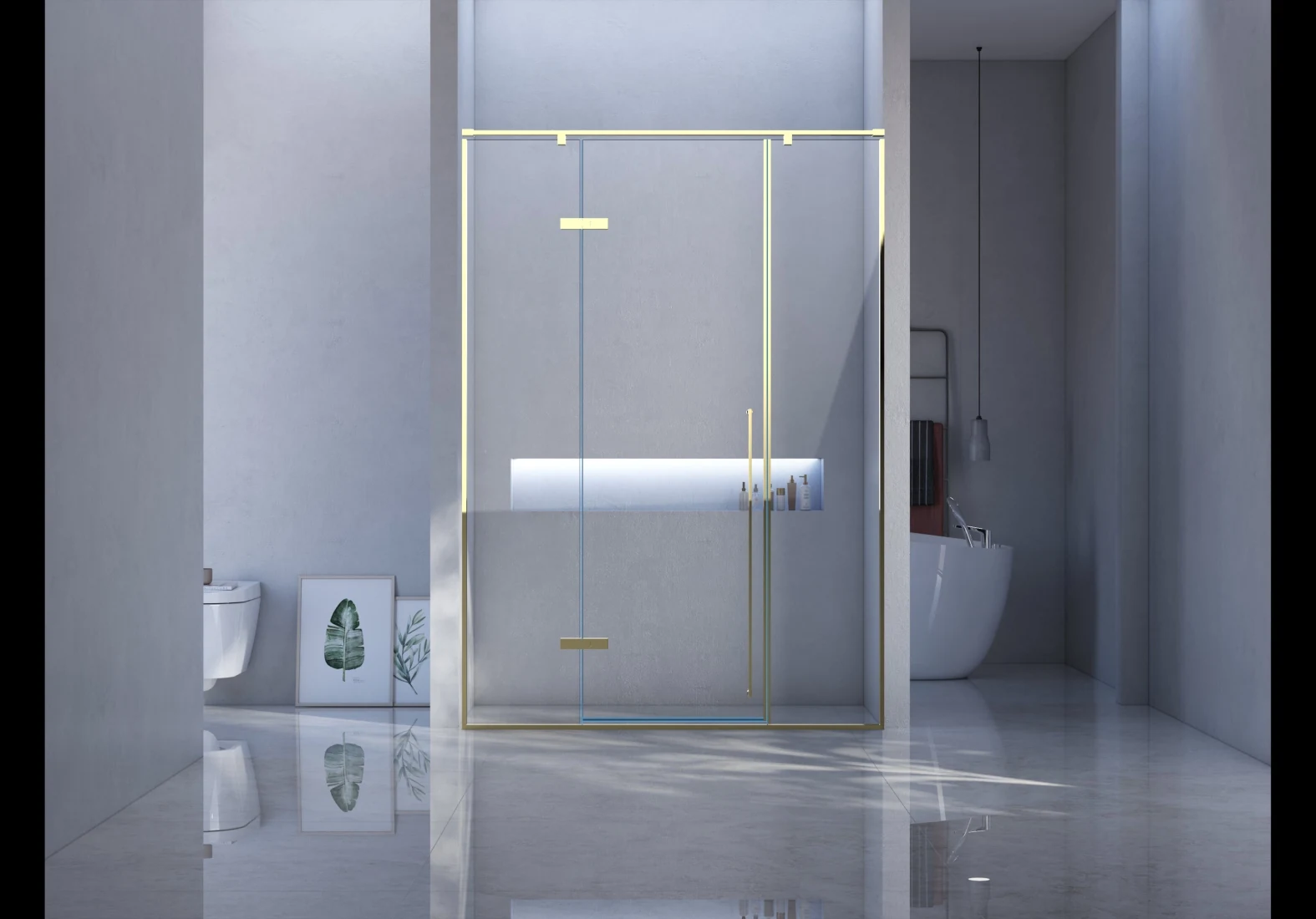 Xinxin 91P31 matte black aluminium frame in-line sliding door shown installed in a bathroom